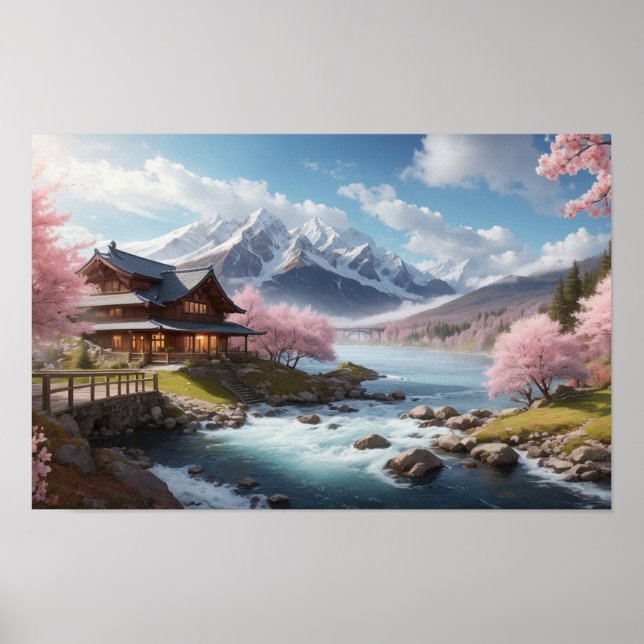 Poster Pintura do maravilhoso Sakura Japonês com River (Frente)