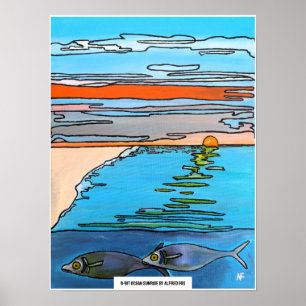 Poster Pintura do Nascer do Sol no Oceano em 8-Bit por Al