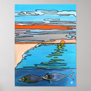 Poster Pintura do Nascer do Sol no Oceano em 8-Bit por Al
