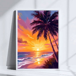Poster Pintura do Pôr do Sol na Praia do Havaí Viagem