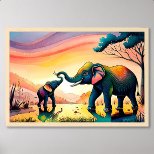 Poster pintura elefante na índia criança mãe feliz vida