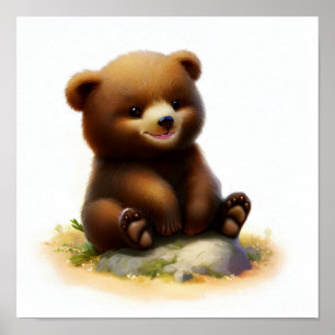 Poster Pintura em aquarela 3D de um Cubo de Urso Grizzly
