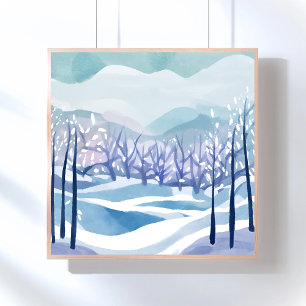 Poster Pintura em Aquarela Azul de Paisagem Invernal Neva