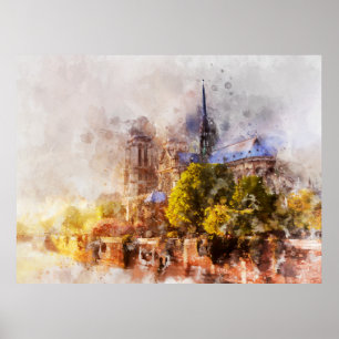 Poster Pintura em Aquarela Catedral de Notre Dame ao Nasc
