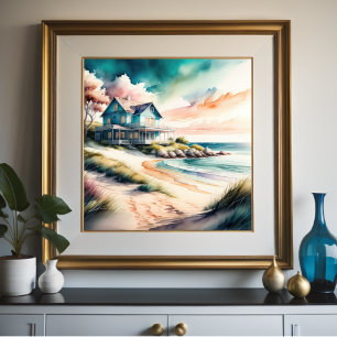 Poster Pintura em aquarela da casa de praia