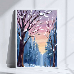 Poster Pintura em Aquarela da Floresta de Inverno com Nev