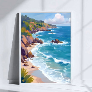 Poster Pintura em Aquarela da Maré do Oceano Azul Costeir