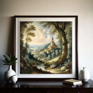 Poster Pintura em Aquarela da Paisagem de Estilo Antiquad