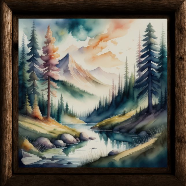 Poster Pintura em Aquarela da Paisagem Montanha (Criador carregado)