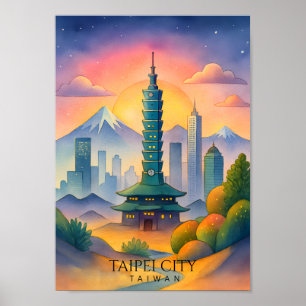 Poster Pintura em aquarela da silhueta da cidade de Taipé
