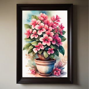 Poster Pintura em aquarela de Bouganvillea em rosa Pote