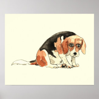 Poster Pintura em Aquarela de Cachorro Triste e Bonita