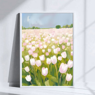 Poster Pintura em Aquarela de Campo de Flores de Tulipas 