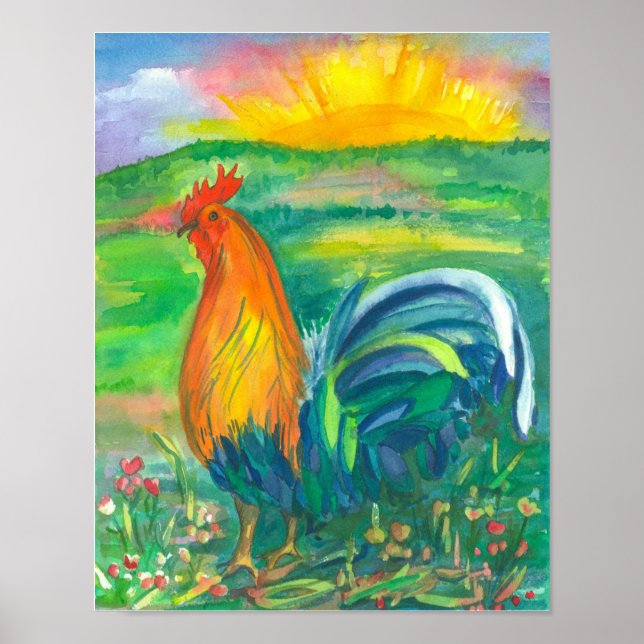 Póster Pintura em Aquarela de Galinha Rooster (Frente)