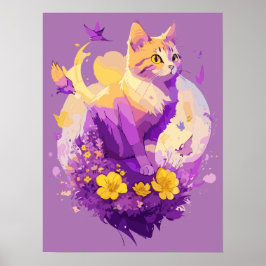 Poster Pintura em Aquarela de Gato Fofo com Flora