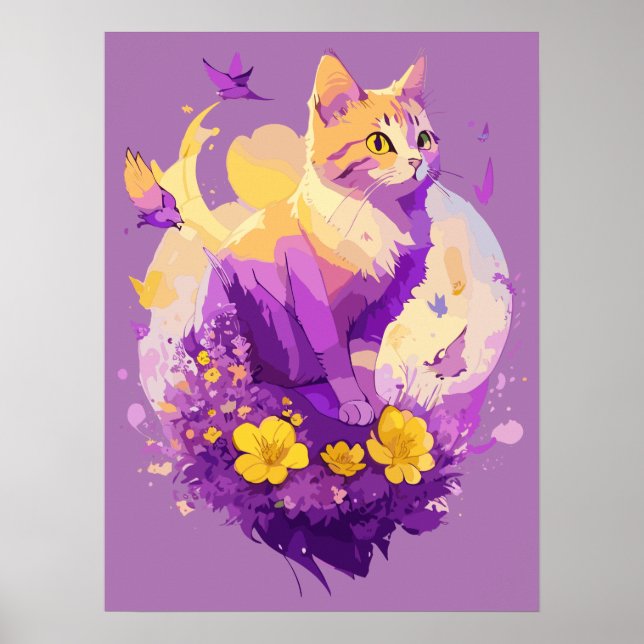 Poster Pintura em Aquarela de Gato Fofo com Flora (Frente)