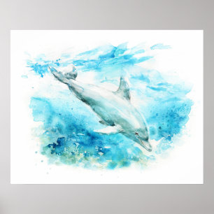 Poster Pintura em Aquarela de Golfinho Nariz-de-Garrafa