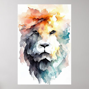 Poster Pintura em Aquarela de Leão Selvagem Animal