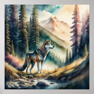 Poster Pintura em Aquarela de Lobo na Floresta 1:1