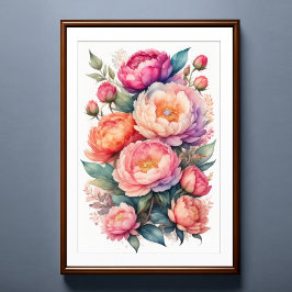 Poster Pintura em aquarela de peônias cor-de-rosa