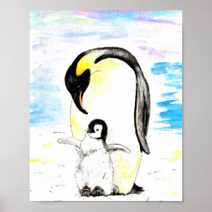Poster Pintura em Aquarela de Pinguim-Imperador e Filhote