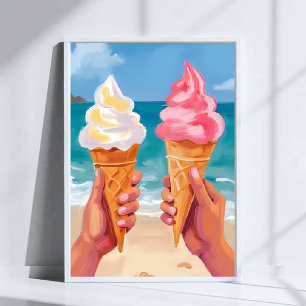 Poster Pintura em Aquarela de Sorvete Praia Oceano