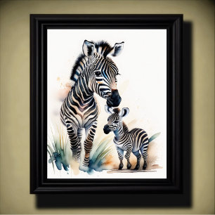 Poster Pintura em Aquarela de uma Mamãe e um Bebê Zebra 5