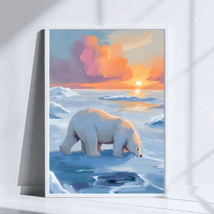 Poster Pintura em Aquarela de Urso Polar no Inverno