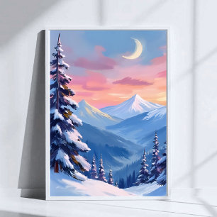 Poster Pintura em Aquarela do Luar de Inverno na Montanha