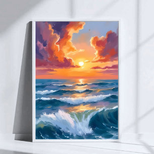 Poster Pintura em Aquarela do Mar Brilhante ao Pôr do Sol