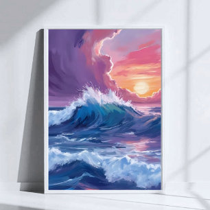 Poster Pintura em Aquarela do Pôr do Sol com Ondas do Oce