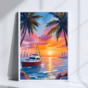 Poster Pintura em Aquarela do Pôr do Sol na Baía de Barco