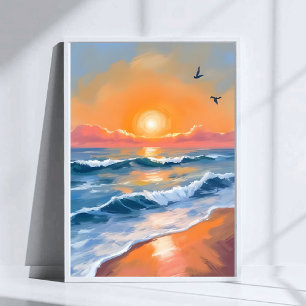 Poster Pintura em Aquarela do Pôr do Sol no Oceano Pastel