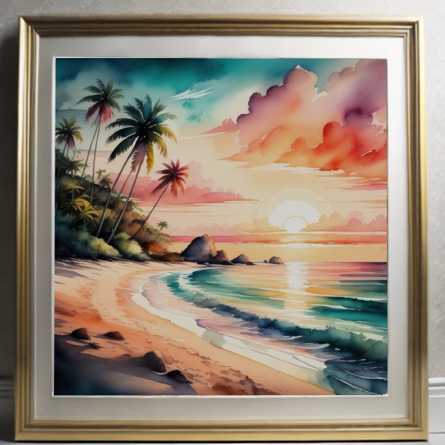 Poster Pintura em aquarela do Sunset Tropical de Praia (Criador carregado)