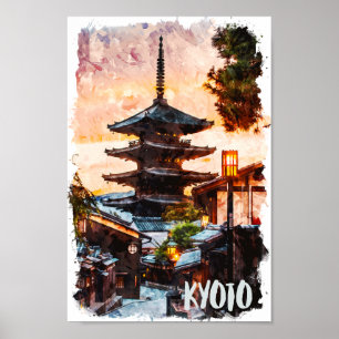 Poster Pintura em Aquarela do Templo de Kyoto – Arte Japo