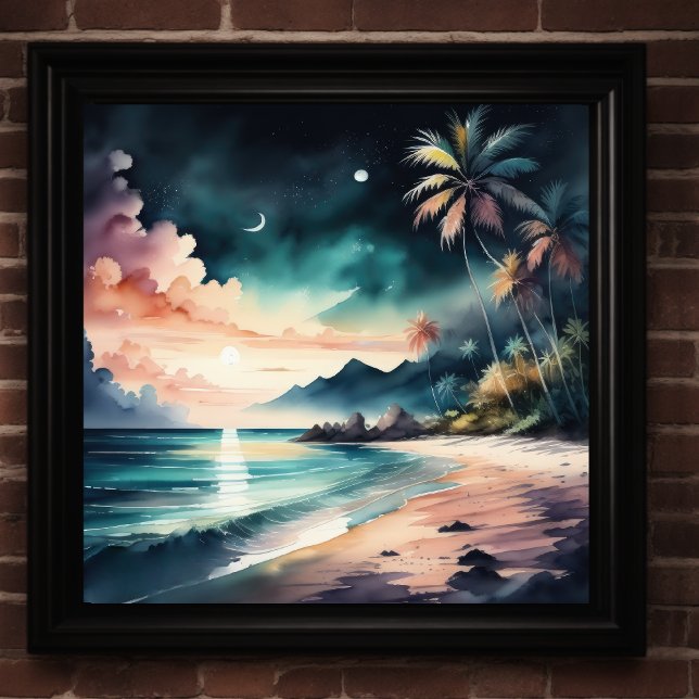 Poster Pintura em aquarela em praia tropical à noite (Criador carregado)