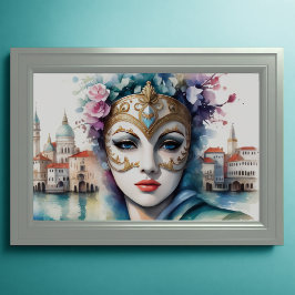 Poster Pintura em aquarela Lady Vestindo máscara venezian