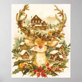 Poster Pintura em aquarela vintage de Natal de rena