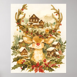 Poster Pintura em aquarela vintage de Natal de rena