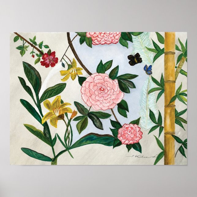Poster PINTURA EM AQUELE - Flores e Borboletas (Frente)