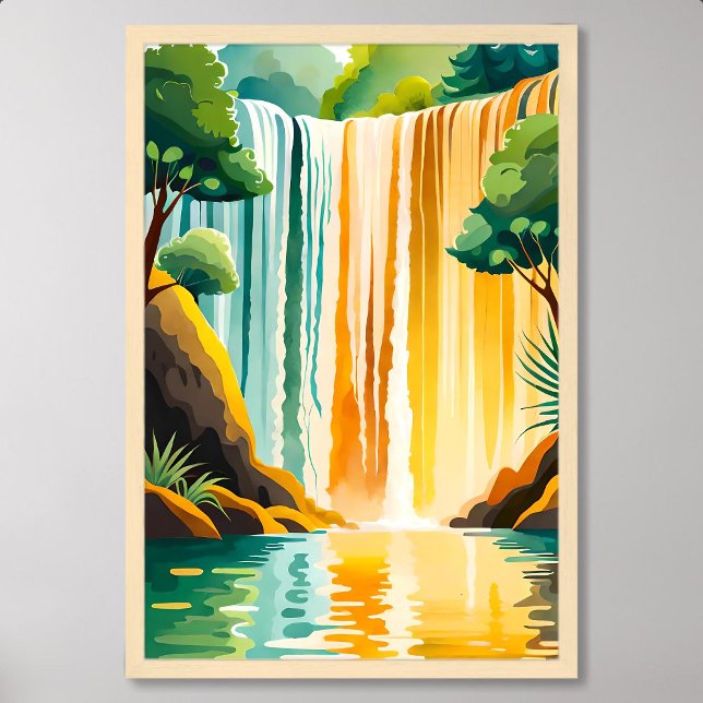 Poster Pintura em cascata de ouro com arredondamento Rock (Golden Waterfall Painting with Rocky Surrounding)