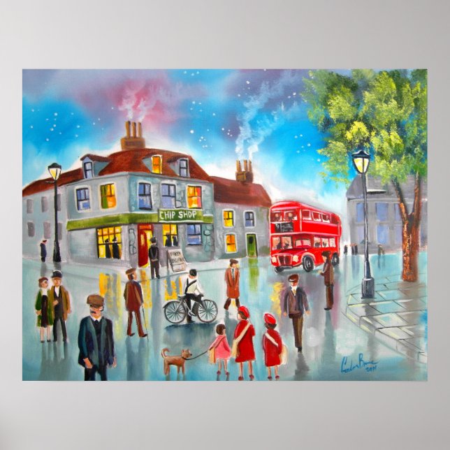 Póster Pintura em cena de ônibus vermelho de dois andares (Frente)