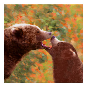 Póster Pintura em Cubo e Mãe de Urso Grizzly - Arte da Vi
