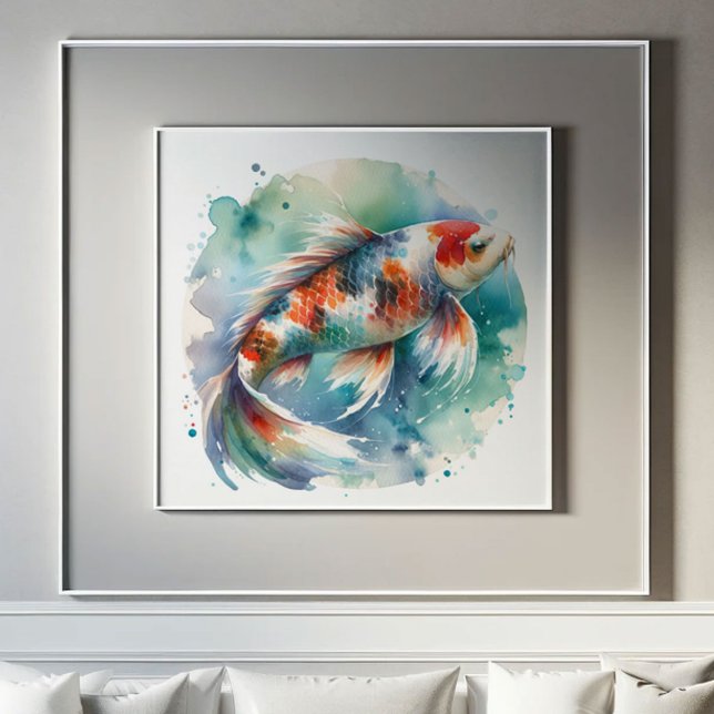 Poster Pintura em Grande Aquarela Pintura em Koi Fish Art (Large koi fish watercolor painting in shades of red, orange , blue and green.)