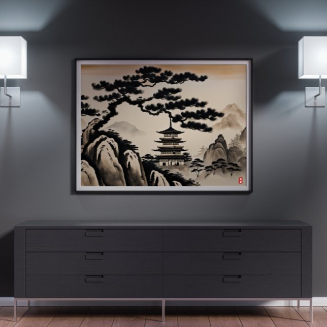 Poster Pintura em Paisagem Japonesa (Japanese Landscape Ink Painting Poster)