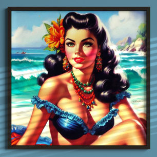 Poster Pintura em Pino-up na praia do Vintage