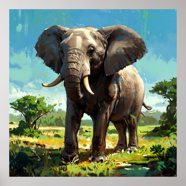 Poster Pintura em vida selvagem com elefante vibrante (Frente)