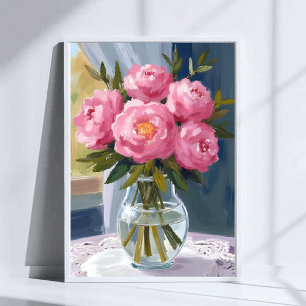 Poster Pintura Floral Aquarela de Buquê de Peônia Rosa