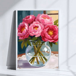Poster Pintura Floral Aquarela de Buquê de Peônia Rosa