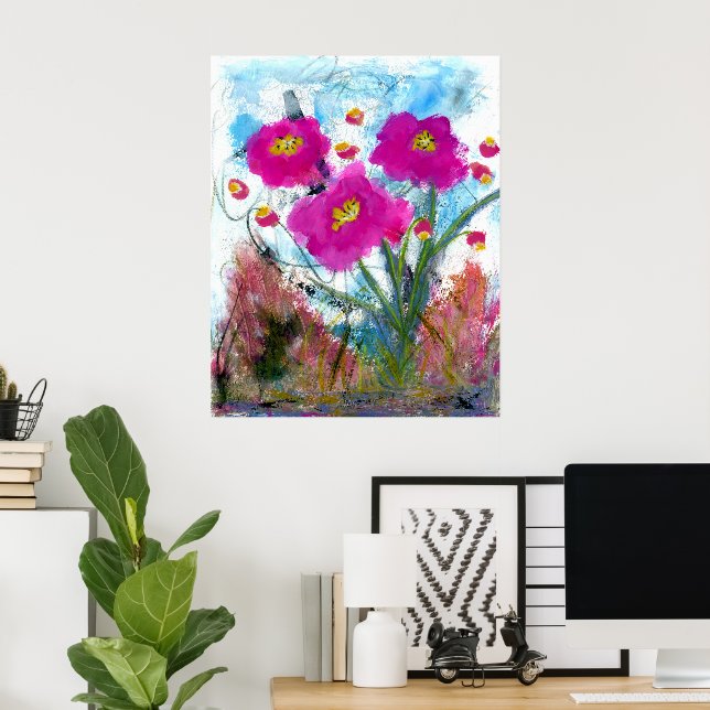 Poster Pintura Floral Botânica de Flores Rosa Abstratas (Escritório em casa)